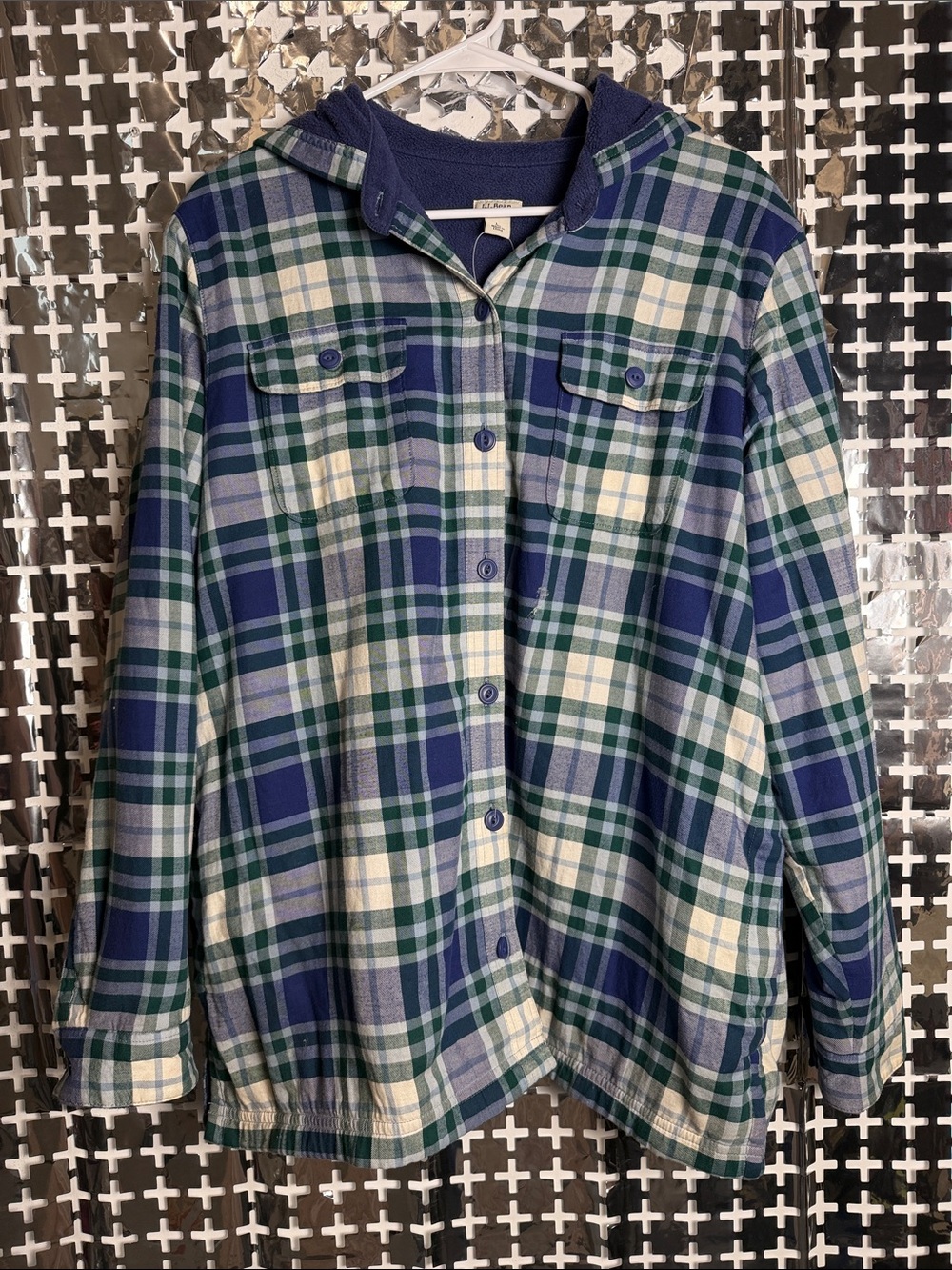 L.L. Bean Navy, Green & Cream Plaid Hooded Utility Jacket